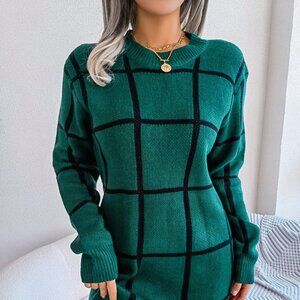 Plaid Round Neck Dropped Shoulder Sweater Dress